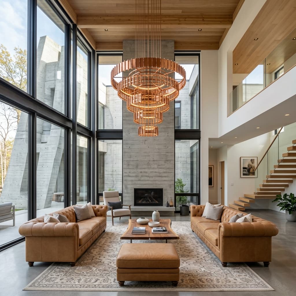 Premium luxury modern living room with tall glass windows and leather sofas